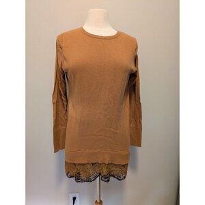 Lori Goldstein LOGO Womens Knit Top With Lace Hem Size Large Camel Brown